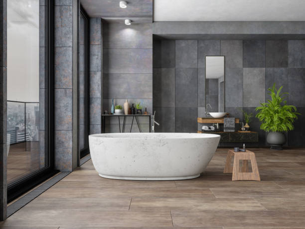 Bathroom tile dark flooring with bath tub | Fredericks Floor covering